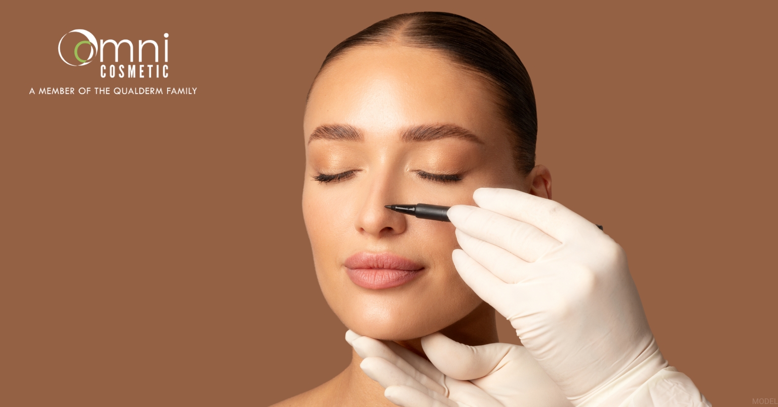 A person with eyes closed getting a nose marked by a gloved hand with a marker for a rhinoplasty surgery. (model)